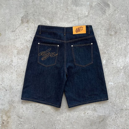 Y2K baggy denim shorts retro embroidered letter striped graphic zipper shorts men women clothing trendy hip hop streetwear