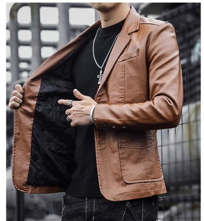 2024 New Men Business Casual Leather Jacket Black / khaki Fashion Male Suit Collar Coats Large Size 5XL Slim Fit Top