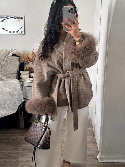 2025 Chic Lapel Plush Coat With Belt Women Vintage Solid Faux Fur Sleeve Tweed Open Coats Female Autumn Casual Street Outwear