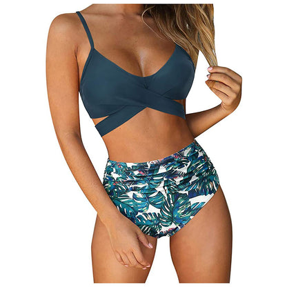 bikini Beach Style Floral Printed Women's Swimsuit Cross High Waisted Tow-piece For Teenagers biquinis feminino tendência 2024