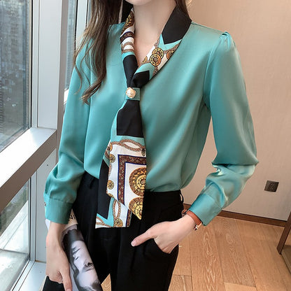 H Han Queen Spring Chiffon Simple Office Lady Blouse Female Shirt Bow Tops Long Sleeve Casual Korean OL Loose Blouses Women