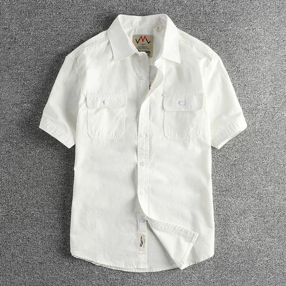 2024 Summer New American Retro Short Sleeve Lapel Cargo Shirt Men's Simple 100% Cotton Washed Double Pockets Casual Blouses