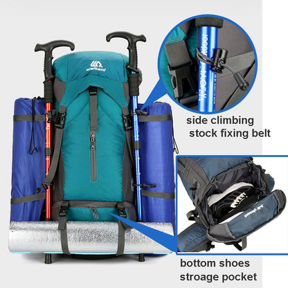 Mochila de acampamento em nylon 70L, bolsa de viagem com capa de chuva, mochila para caminhada ao ar livre, mochila de montanhismo, bolsas de ombro masculinas, bagagem