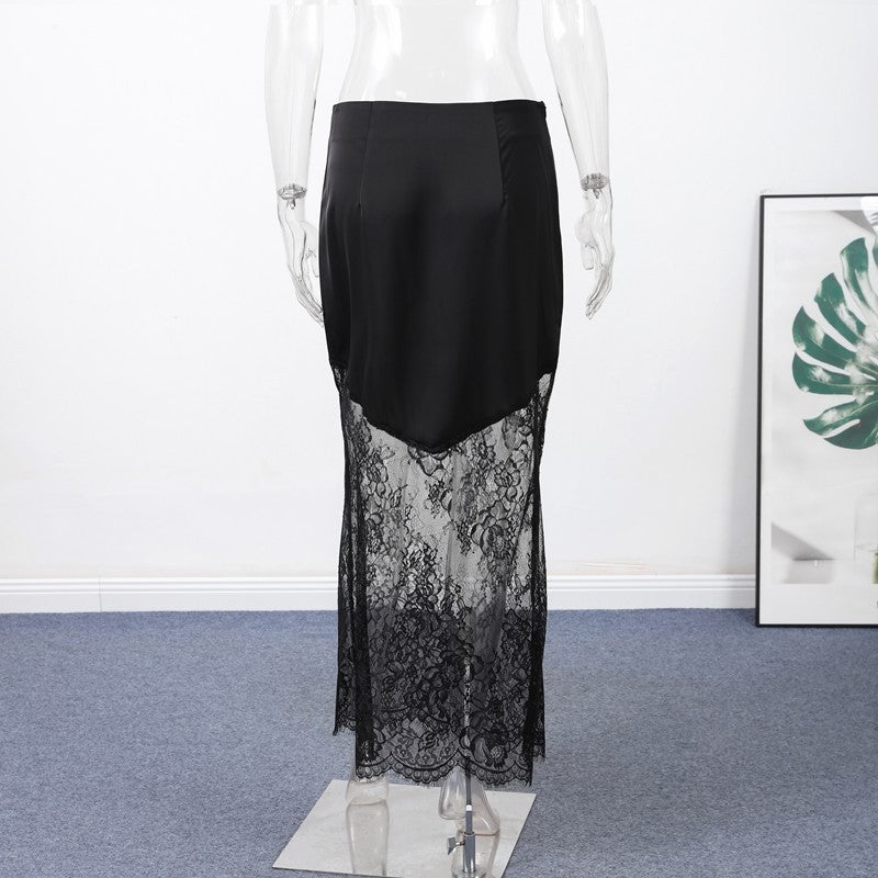 Satin Skirts Women Loose High Waist Patchwork Lace See Through Skirt Female 2025 Chic Solid Sexy Elegant Streetwears
