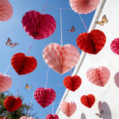 10 pcs Valentine's Day heart-shaped paper felt balls, party hanging ornaments, - red and pink honeycomb balls, wedding, birthday