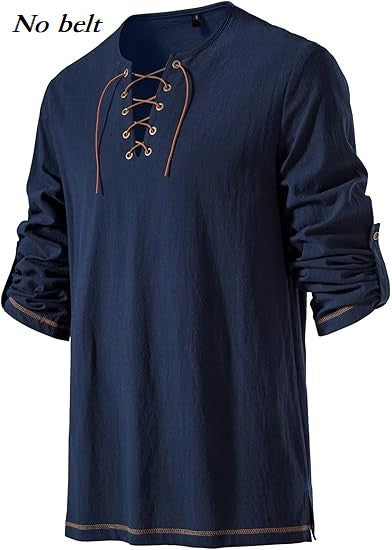 Men's Medieval Lace Up Tunic Shirt Renaissance Viking Pirate Costume Long Sleeve Retro Tops with Belt for Halloween Cosplay