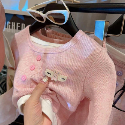 Girls Autumn Outfits Fashionable False Two-Piece Tops and Pants 2 Piece Set Stylish Korean Style Kids Clothing Cute Fall Clothes