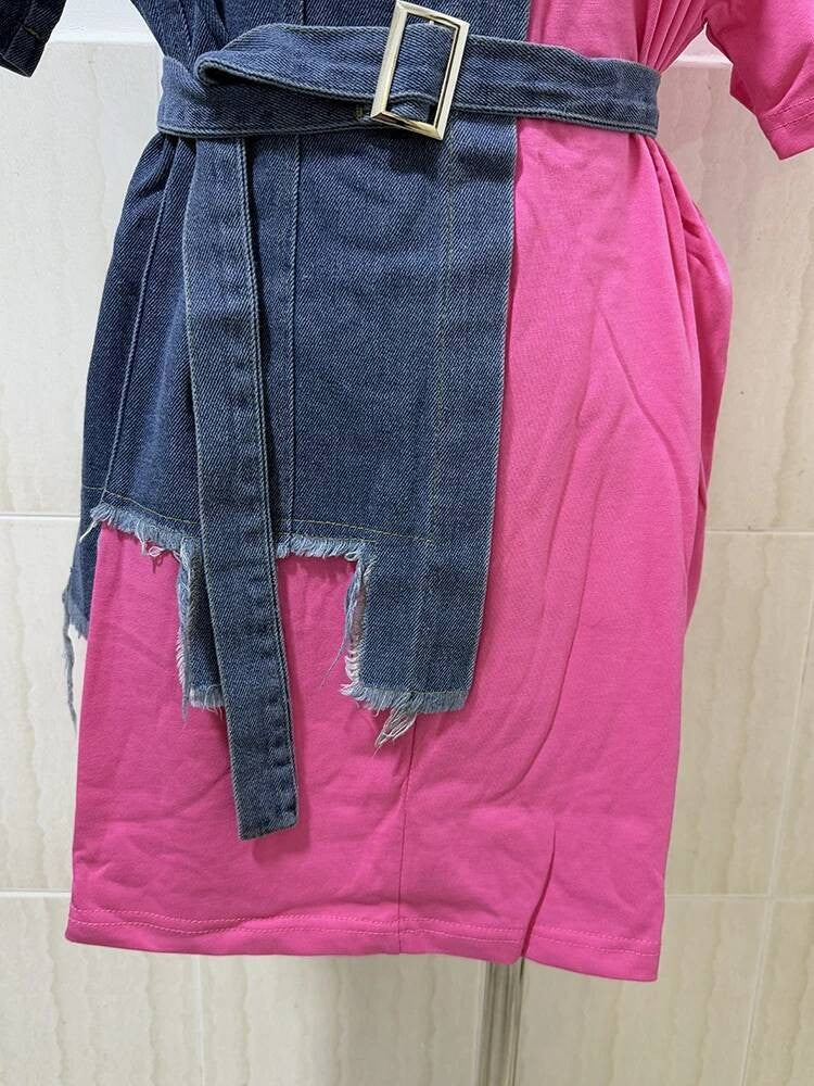 XFPV Women's Sweet high Waist Wrap Belt Round Neck patchwork Denim Shirt  Chic Top Y2k Korean Fashion Spring Summer 2025 SM11327