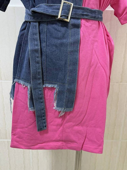 XFPV Women's Sweet high Waist Wrap Belt Round Neck patchwork Denim Shirt  Chic Top Y2k Korean Fashion Spring Summer 2025 SM11327