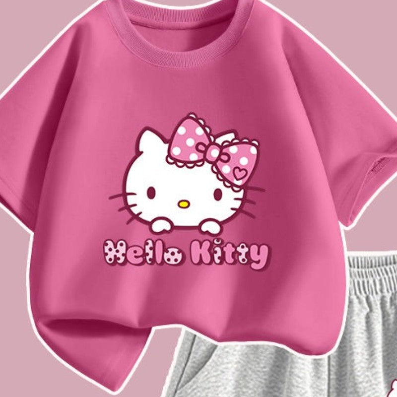 Sanrio Summer Baby Girls 100% Cotton Clothes Set Kid Children Cute Hello Kitty Printed Short Sleeve T-shirts Top And Shorts Suit