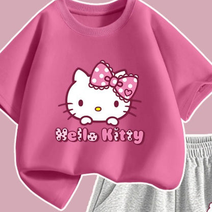 Sanrio Summer Baby Girls 100% Cotton Clothes Set Kid Children Cute Hello Kitty Printed Short Sleeve T-shirts Top And Shorts Suit