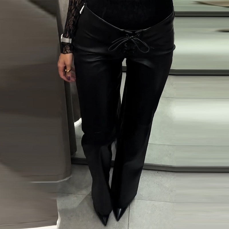 Elegant Women's Bandage PU Leather Trousers Black Low Waist Slim Straight Flare Pants 2025 Autumn Winter Lady Chic Y2k Pant New
