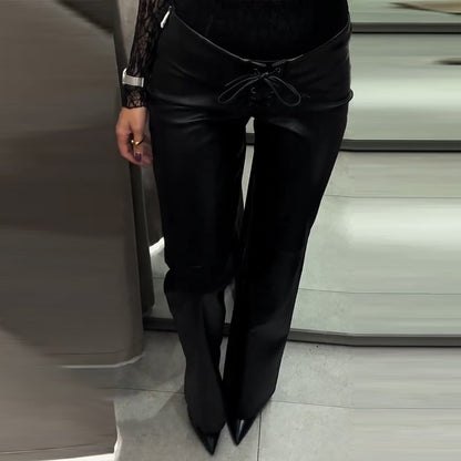 Elegant Women's Bandage PU Leather Trousers Black Low Waist Slim Straight Flare Pants 2025 Autumn Winter Lady Chic Y2k Pant New