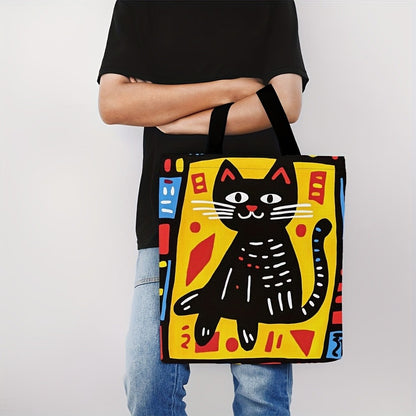 1pc Graffiti Cat Polyester Tote Bag, Durable Rectangle Shopping Bag, Ideal for Easter, Ramadan