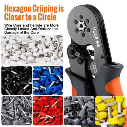 Alicate Desencapador e Crimpador Autorregulável, Kit de Ferramentas de Crimpagem de Terminais Autorregulável Hexagonal Tipo Catraca com Terminais de Fio