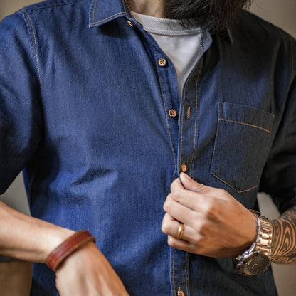 Maden Men Vintage Single Pocket Workwear Denim Shirt Long Sleeved Slim Fit Casual Shirt Single Breasted Turn-Down Collar Blouse