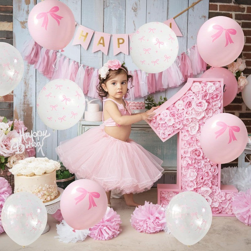 50/10pcs Bow Theme Latex Balloon 12 Inches Bowknot Print White Balloons for Kids Girls Birthday Baby Shower Wedding Party Decor