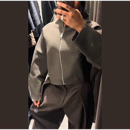 Woolen Zipper Loose Short Jacket Women Long Sleeve Lapel Solid 2025 Autumn Winter Commute Coat Street Office Warm Ladies Outwear