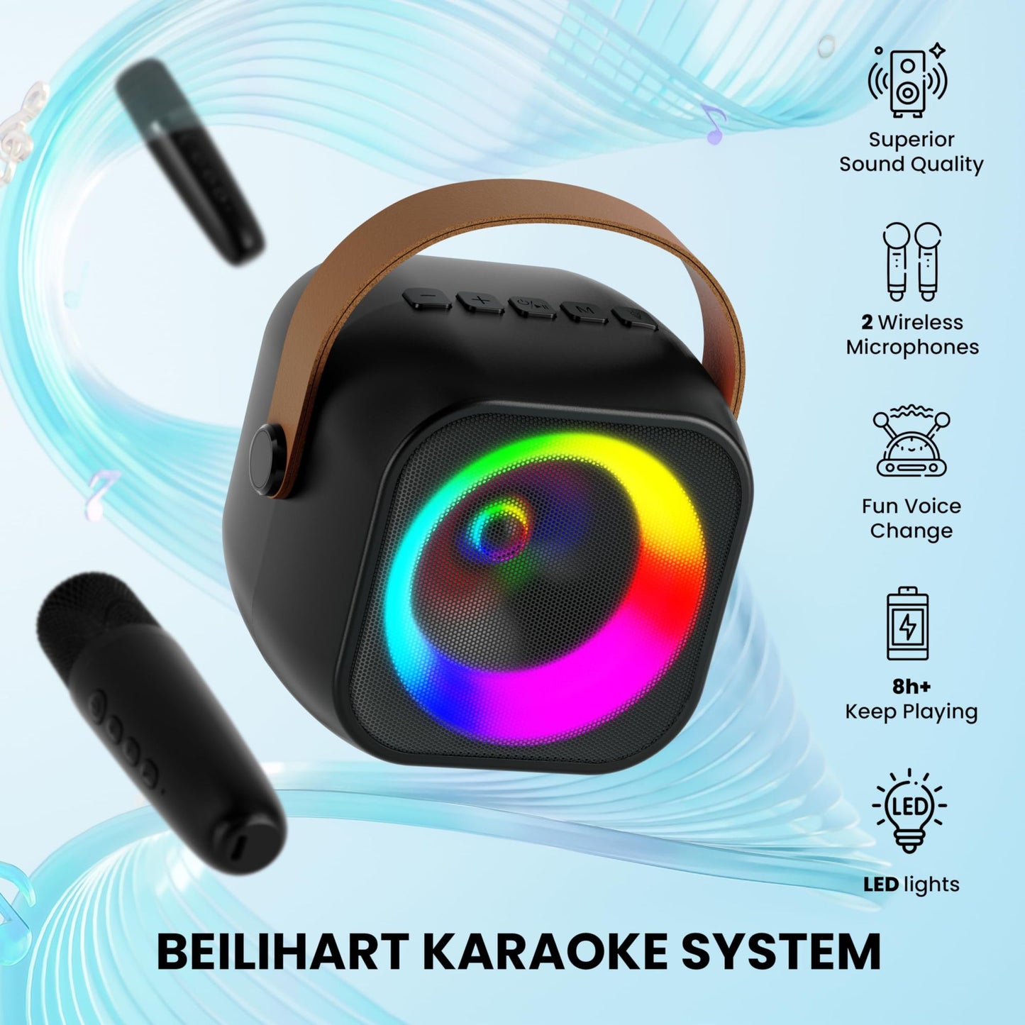 Máquina de Karaokê Portátil Haomuren com 1 ou 2 Microfones Sem Fio Mini Caixa de Som Bluetooth para Crianças Cantarem Presente de Festa em Família