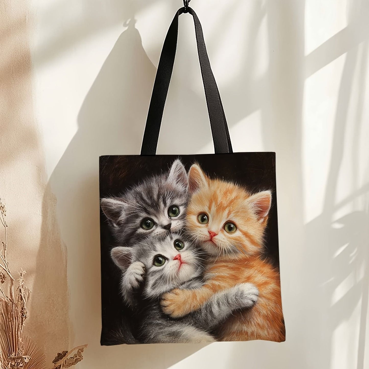 Cute Snuggling Kittens Tote Bag Durable Polyester Foldable Reusable Shopping Bag with Colorful Cat Large Capacity Handbag