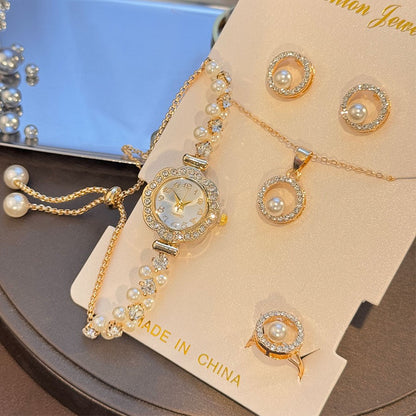 4-Piece Set Pearl Watch Chain Arabic Numeral Quartz Watch Large Pearl Necklace Diamond-Encrusted Ring And Earrings Jewelry Gift