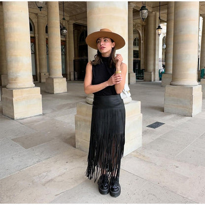 Tassel Leather Midi Skirt Women Solid High Street High-waist A-line Bodycon Long Skirts Spring Summer 2026 Chic All-match Outfit