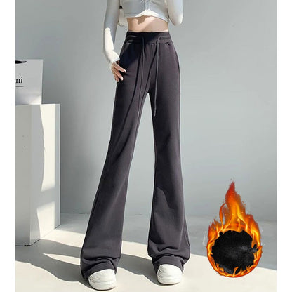 Winter Girls Fashion High Waist Thermal Fleece Pants Lady Snow Warm Straight Leg Plush Trousers Female Hot Sale Thin Pants