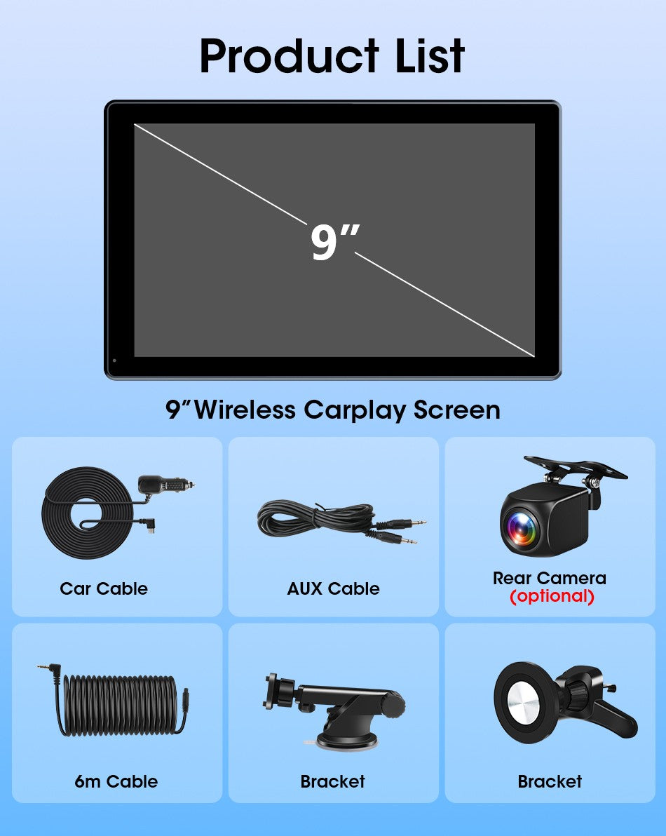 Suporte de 7/8/9'' Orientação e Espelho Retrovisor de Carro com Rádio CarPlay Sem Fio Android Auto Multimídia de Vídeo Tela Universal