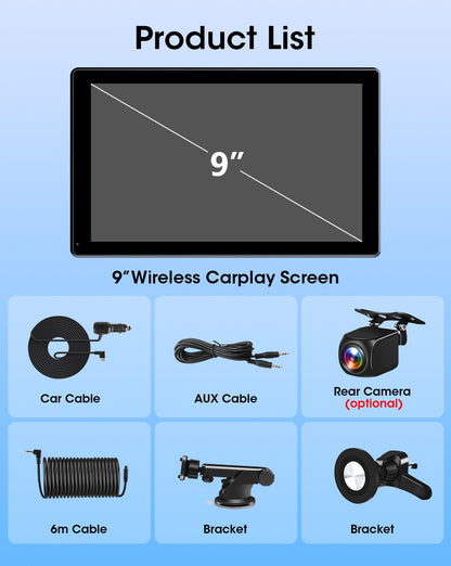 Suporte de 7/8/9'' Orientação e Espelho Retrovisor de Carro com Rádio CarPlay Sem Fio Android Auto Multimídia de Vídeo Tela Universal