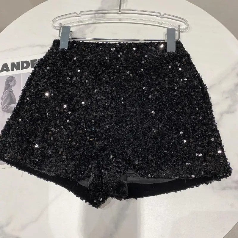 New Autumn Black Velvet Shorts Women Sequined Shiny Versatile Short Pants Clubwear Shorts Hot Pants High Street