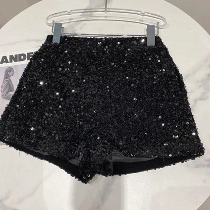 New Autumn Black Velvet Shorts Women Sequined Shiny Versatile Short Pants Clubwear Shorts Hot Pants High Street