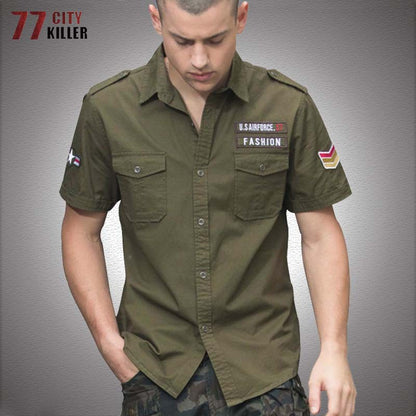 Summer Tactical Shirt Men Brand Cotton  Badge Short Sleeve Cargo Shirts Mens Solid Air Force Bomber Tops Big Size 6XL