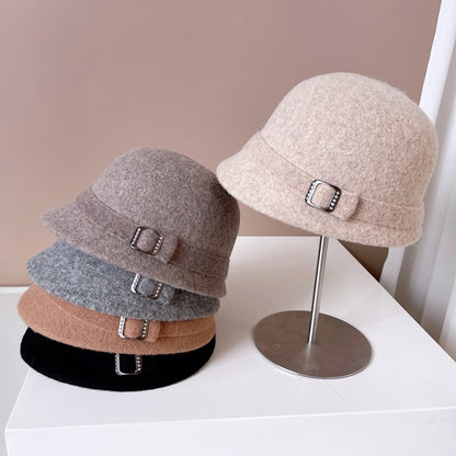 Chapéu de Lã Japonês Feminino Outono Inverno Quente de Tricô Fivela de Diamante Fita Chapéu de Pescador Chapéu de Bacia Pequena Frente e Verso