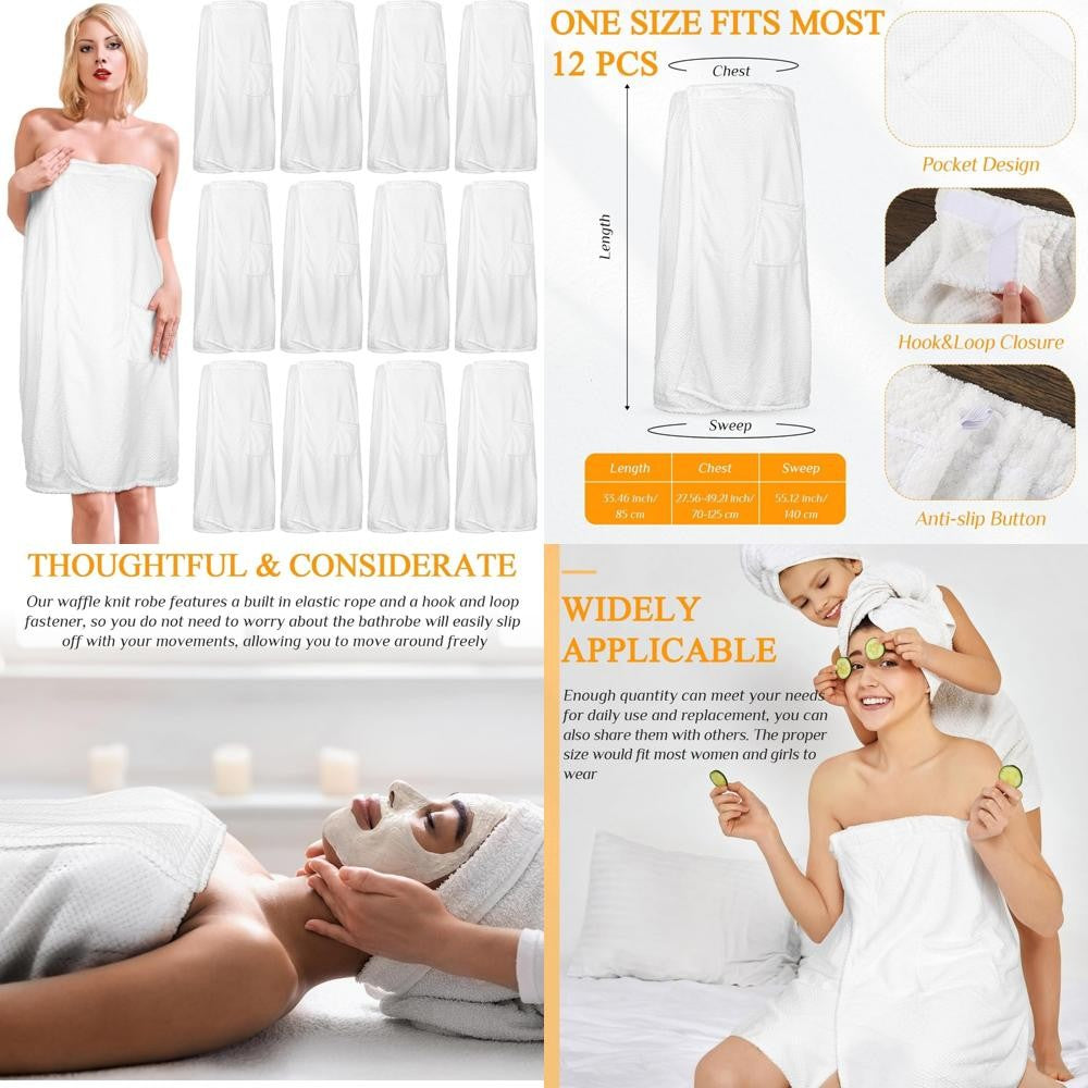 Lightweight Women's Waffle Spa Wraps with Pockets, Adjustable Closure for Bath and Shower Towel Wraps in White