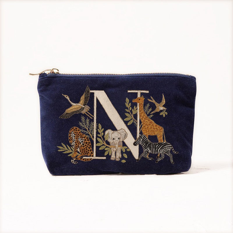 Velvet Clutch Makeup Bag Featuring Cute Animal Alphabet Print