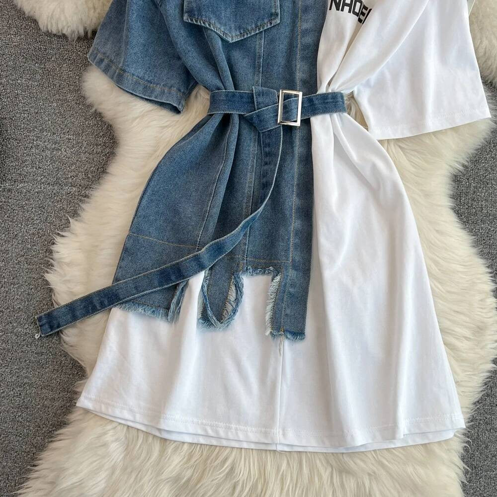 XFPV Women's Sweet high Waist Wrap Belt Round Neck patchwork Denim Shirt  Chic Top Y2k Korean Fashion Spring Summer 2025 SM11327