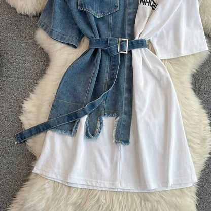 XFPV Women's Sweet high Waist Wrap Belt Round Neck patchwork Denim Shirt  Chic Top Y2k Korean Fashion Spring Summer 2025 SM11327