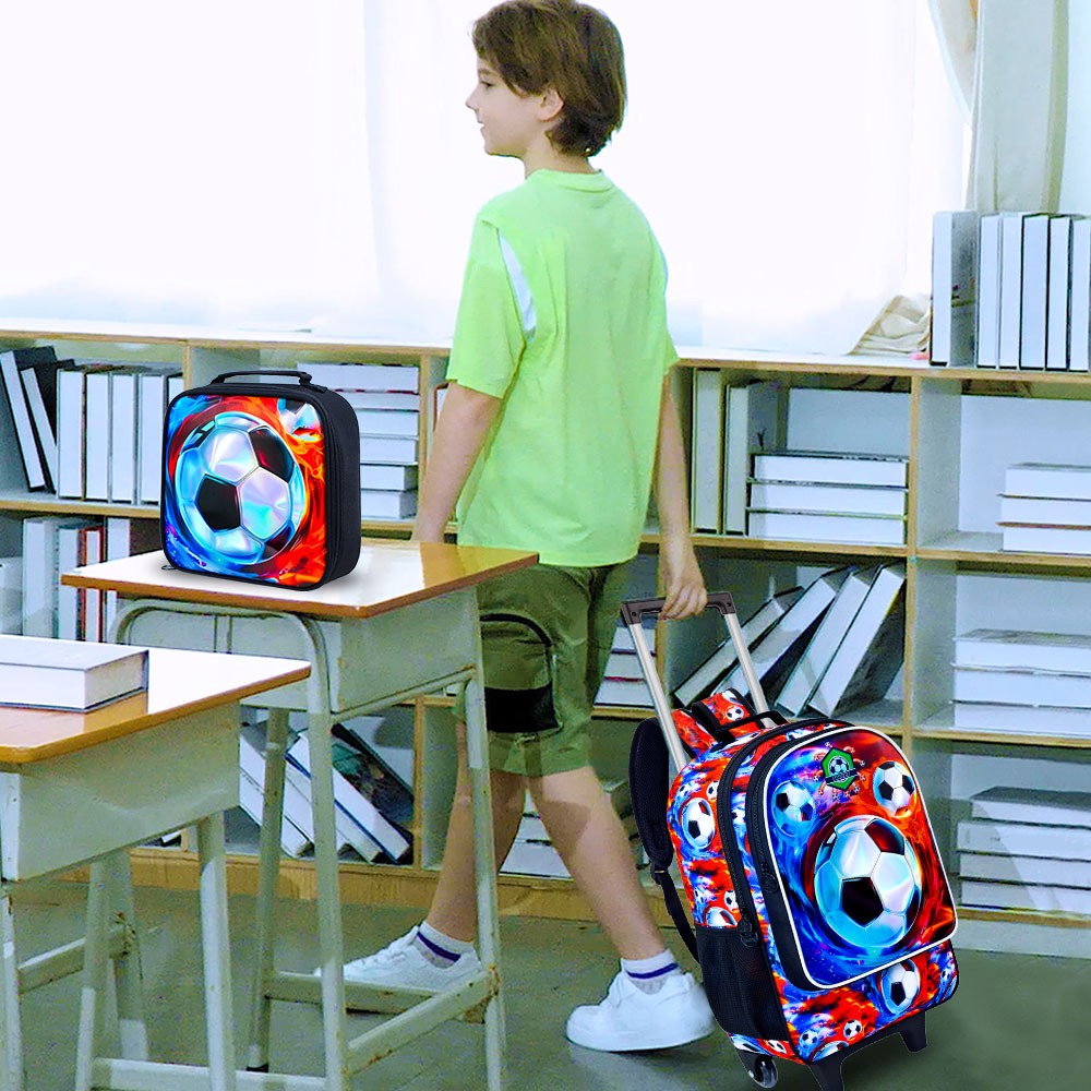 Mochila de rodinhas 3 peças para meninos, mochila com rodinhas para crianças, mochila escolar com rodinhas e lancheira - futebol