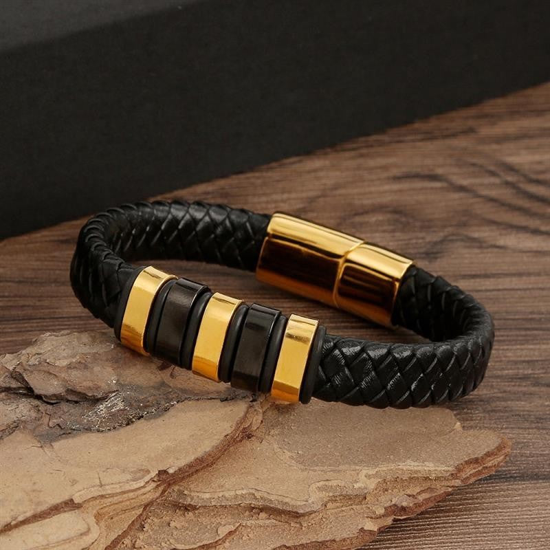Pulseira de Couro Masculina Punk com Fecho Magnético de Aço Inoxidável Trançado em Camadas Envoltório de Couro Pulseiras Presente Joias Masculinas