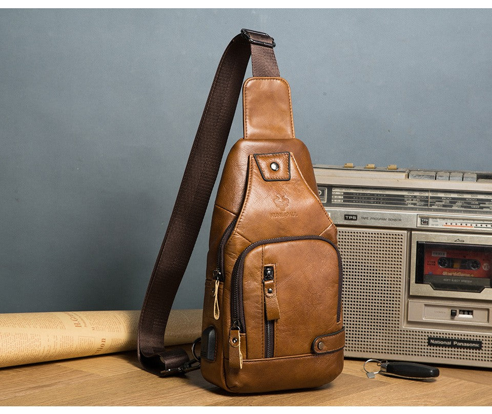 HUMERPAUL Men's Usb Chest Bag 100% Genuine Leather Crossbody Shoulder Bags Multifunction Travel Outdoor Messenger Pack Fashion