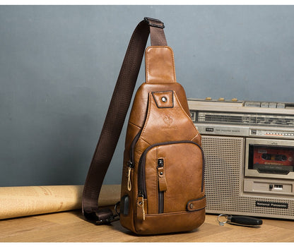 HUMERPAUL Men's Usb Chest Bag 100% Genuine Leather Crossbody Shoulder Bags Multifunction Travel Outdoor Messenger Pack Fashion