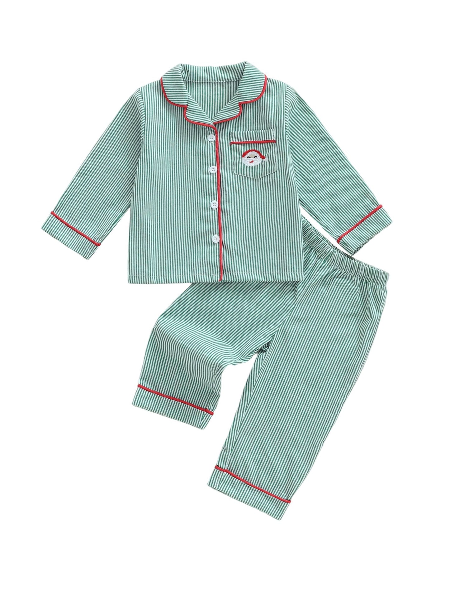 Toddler Baby Christmas Striped Pajamas Sets Santa Embroidery Long Sleeve Tops with Pants 2Pcs Sleepwear