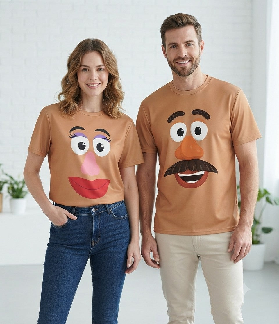 [You're My Secret] Mr. and Mrs. Potato Head Short Sleeve T-Shirt Funny Couple Cosplay Costume Halloween Party Outfit Brown Tops