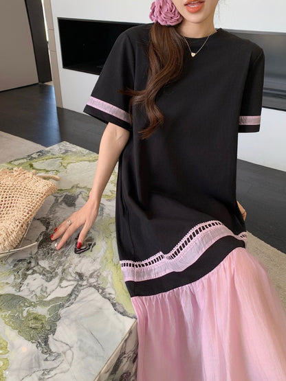 NYFS 2025 Summer Dress Loose plus Size Black Patchwork Pink Hem Long Dresses Robe Elbise Short Sleeve Korean Style Woman Dress