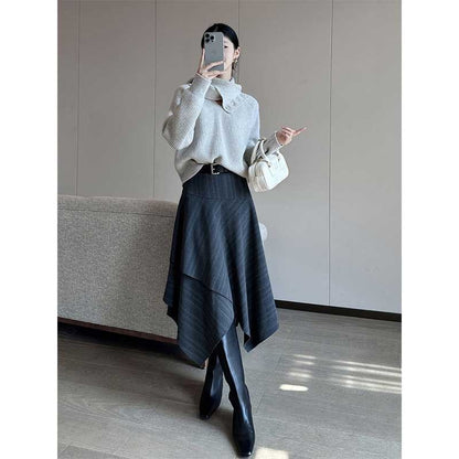 Women Clothing Autumn Winter Fashion Korean Striped A-line Skirt High Waist Female Versatile Appear Thin Irregular Soft Skirt