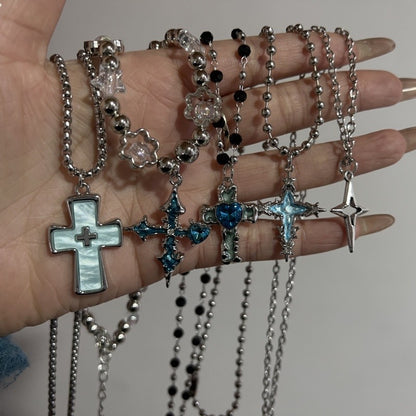 Trendy Punk Blue Cross Pendant Sliver Color Chain Necklace For Women Men Fashion Gothic Y2K Charms Hip Hop Jewelry Accessories