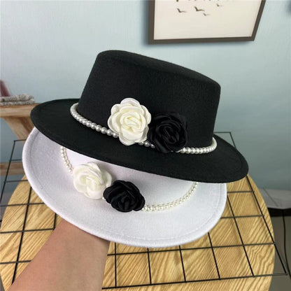 Chapéu Fedora Feminino Corrente Floral Alta Costura com Alfinetes de Pérola Boné em Relevo Preto Branco Outono Inverno Chapéu de Aba Larga para Meninas