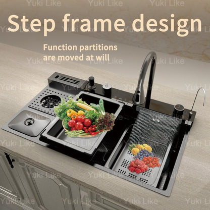 Stainless Steel Waterfall Kitchen Sink Digital Display Extra Large Single Bowl Multifunctional Household Vegetable Washing Sink