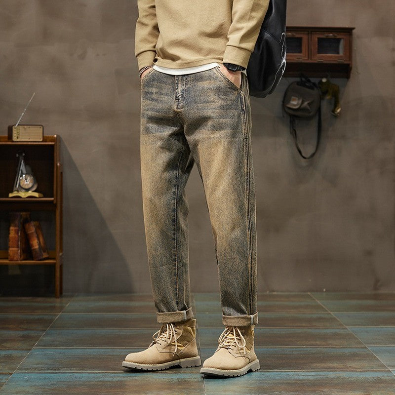 Autumn and Winter Men's Loose 95% Cotton Jeans Retro Yellow Mud  Street Hip-hop Baggy Harem Pants Outdoor Boys Workwear Pants