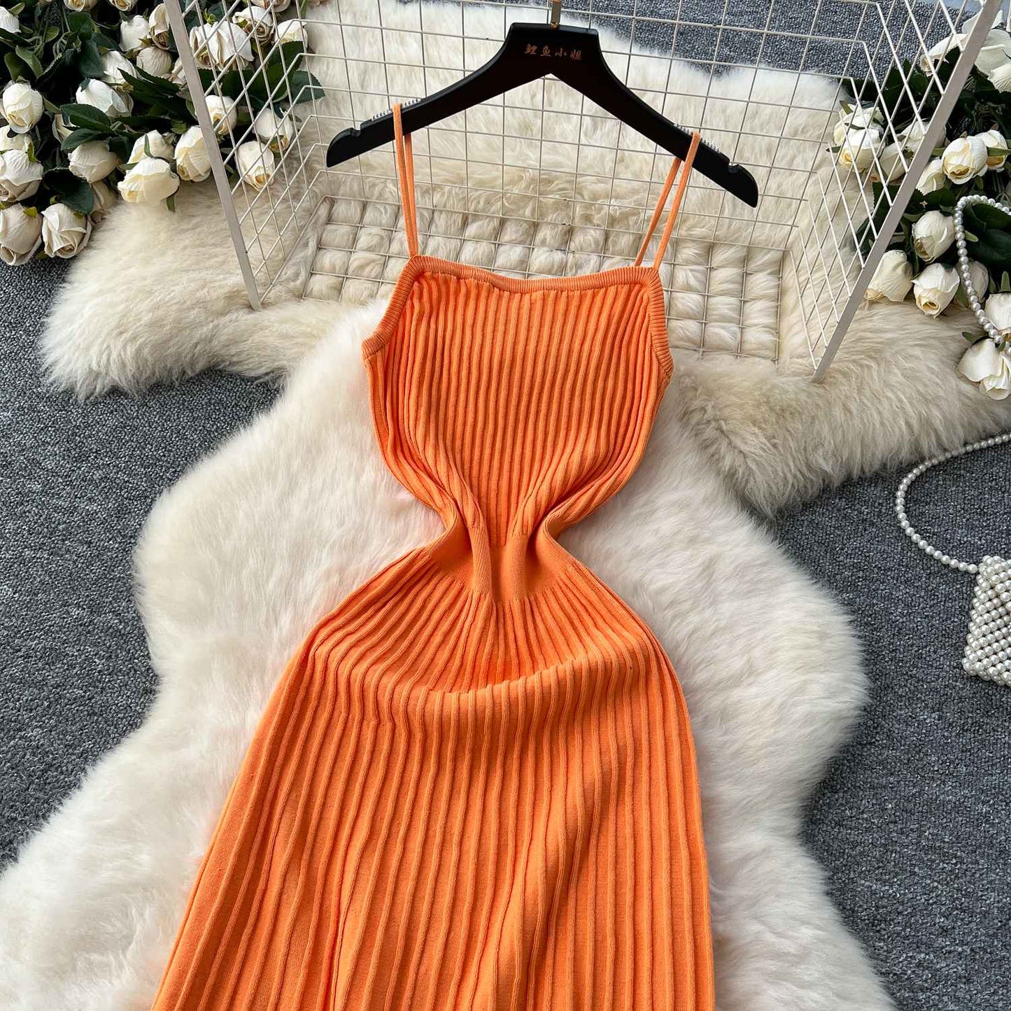 Knitted Pleated Long Dress High Waist Midi Sling Dress Elegant Sleeveless Yellow